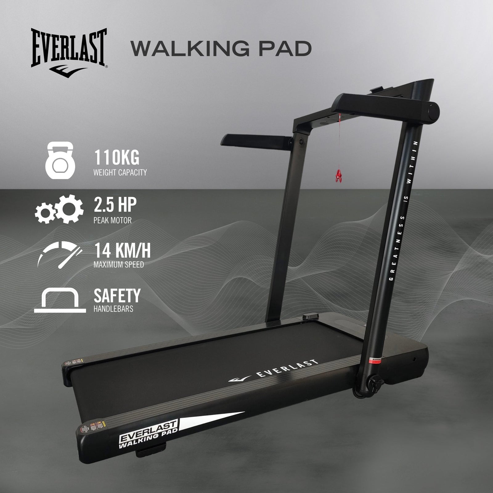 Everlast Space Smart Walking Pad / Treadmill with a black frame and running deck, handlebars, and a smart device holder.