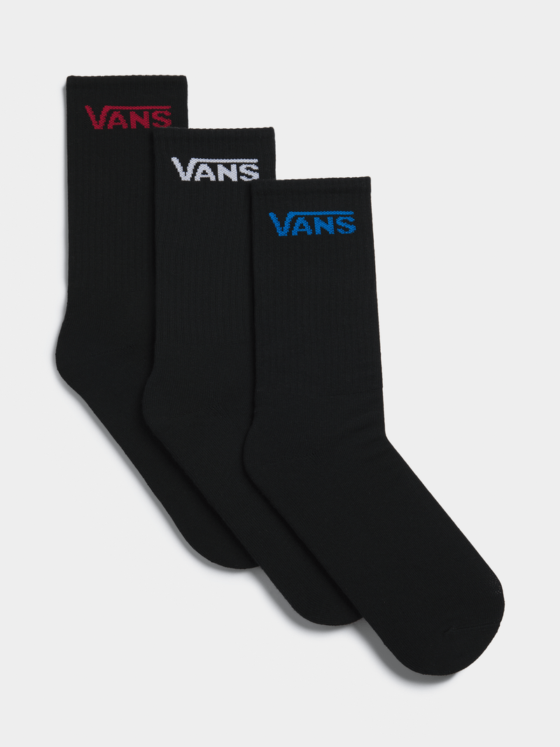 Vans Classic Black Crew Socks 3-Pack with Ribbed Design and Iconic Logo