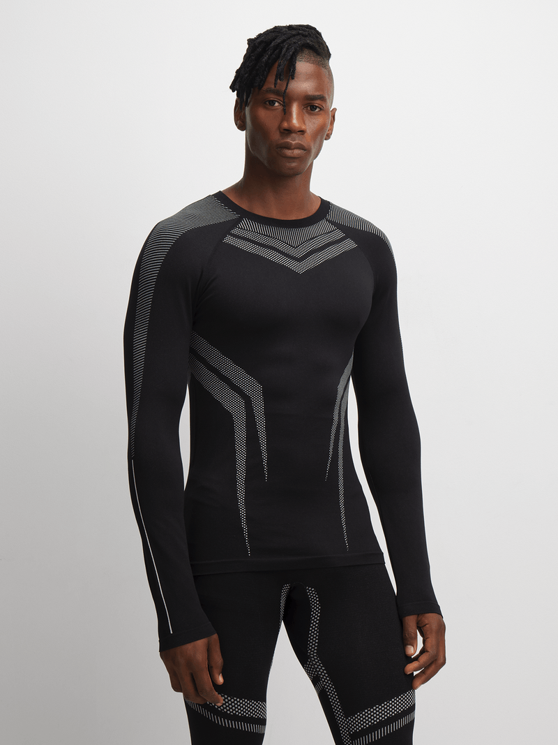 Men&#39;s Performance Black Long Sleeve Baselayer Top - Compression Athletic Shirt