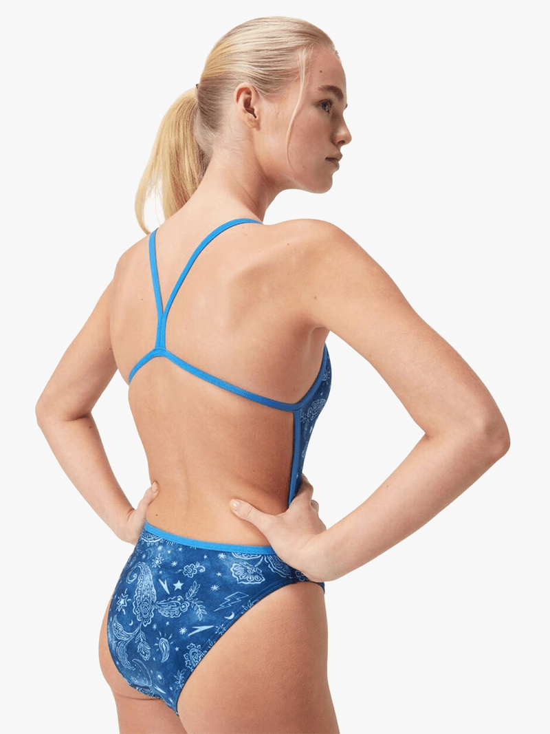 Speedo Women&#39;s Cerulean Blue Digital Print V-Back Swimsuit Durable Chlorine Resistant