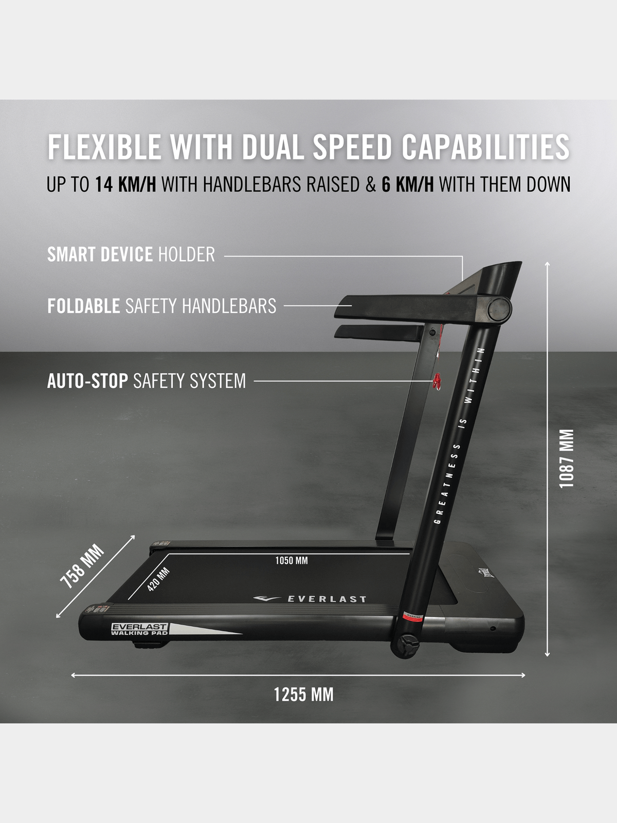 Everlast Compact Folding Walking Pad Treadmill with 2.5HP Motor and Device Holder