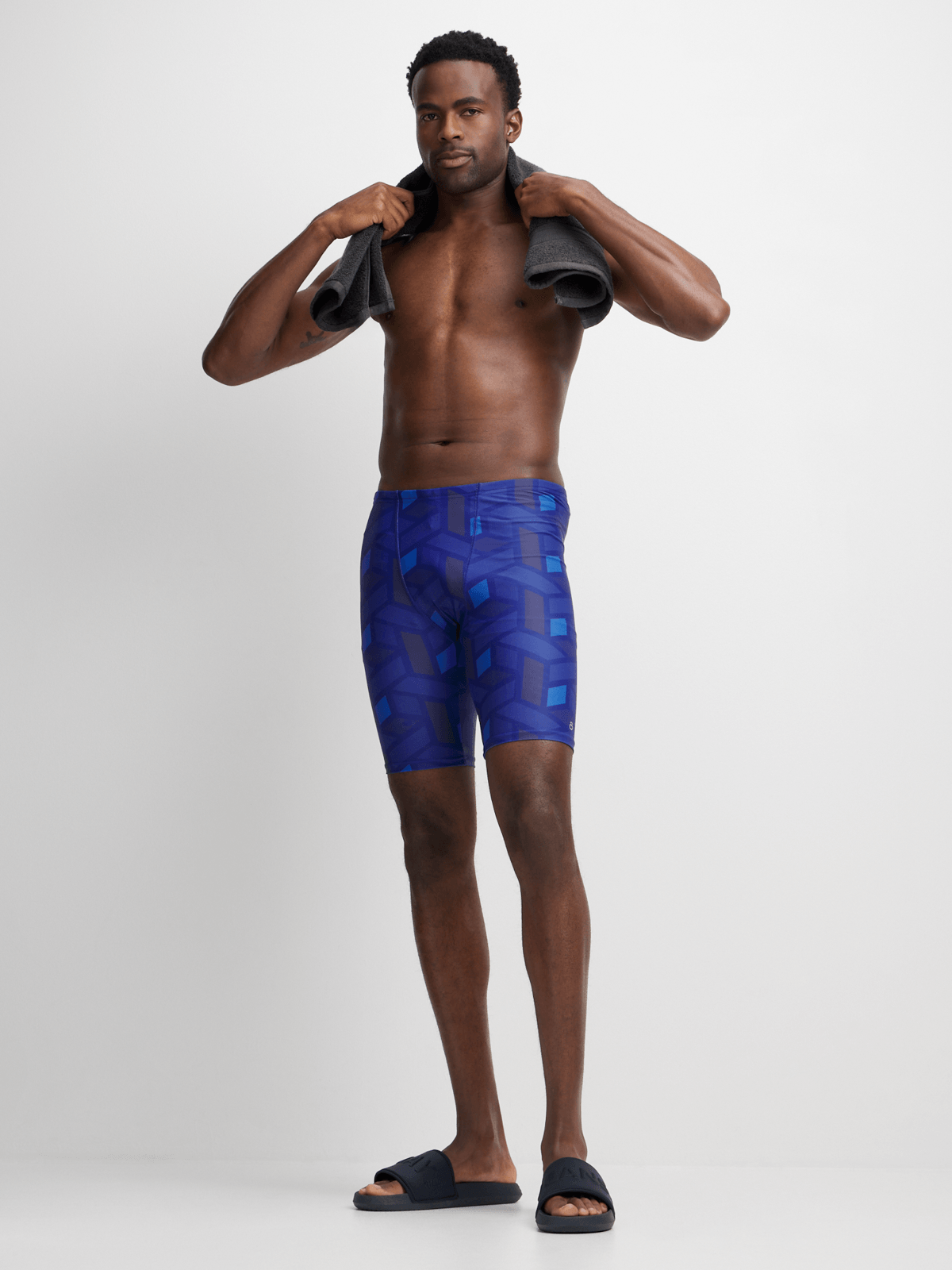 Men&#39;s Geometric All-Over Print Navy Blue Swim Jammer Performance Swimwear