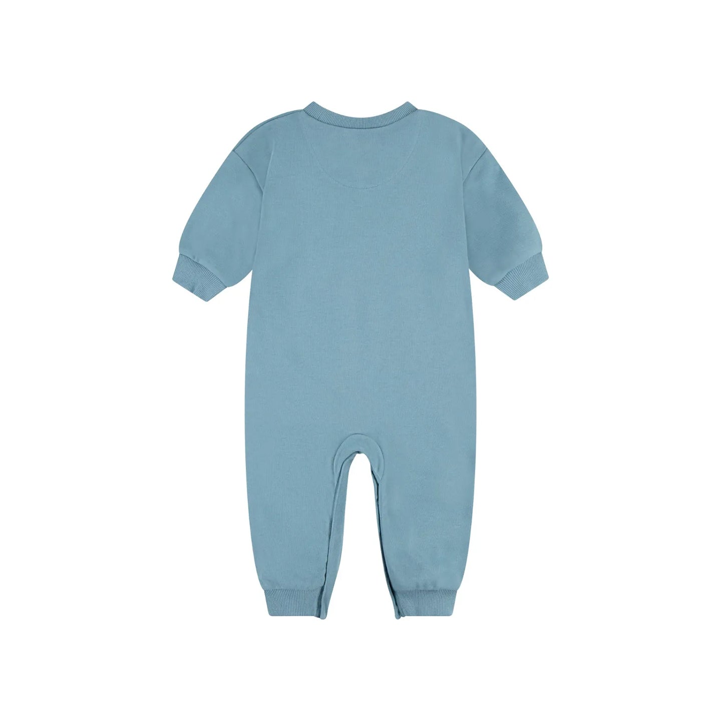 Nike E1D1 Crew Coverall in Demin Turq, featuring soft French terry fabric, long sleeves, and ribbed cuffs.