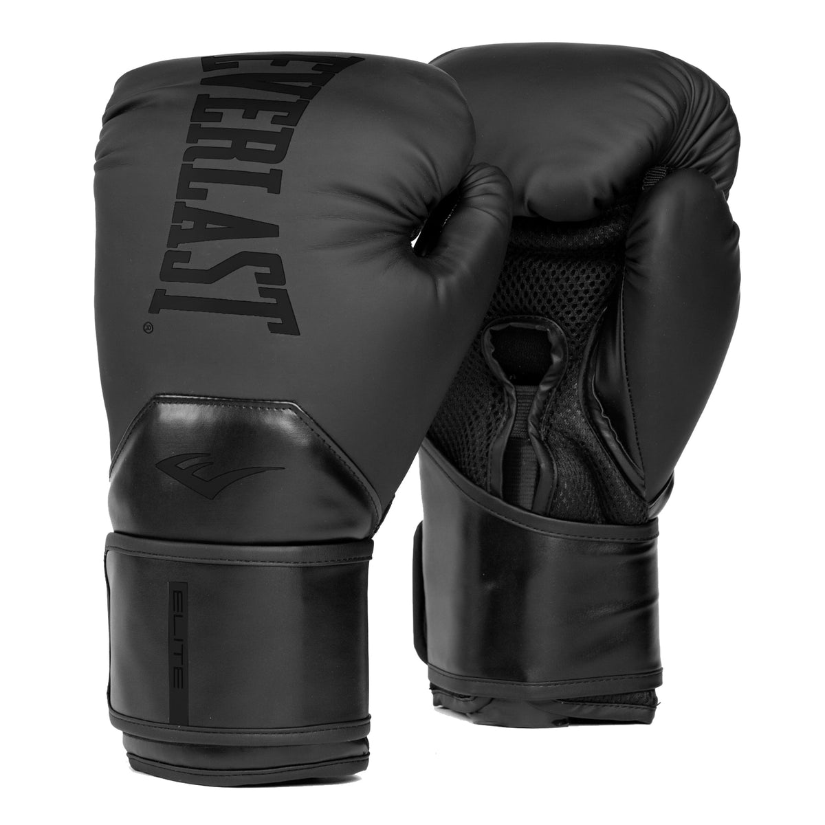 A pair of black Everlast Elite 2 boxing gloves with a hook and loop closure.