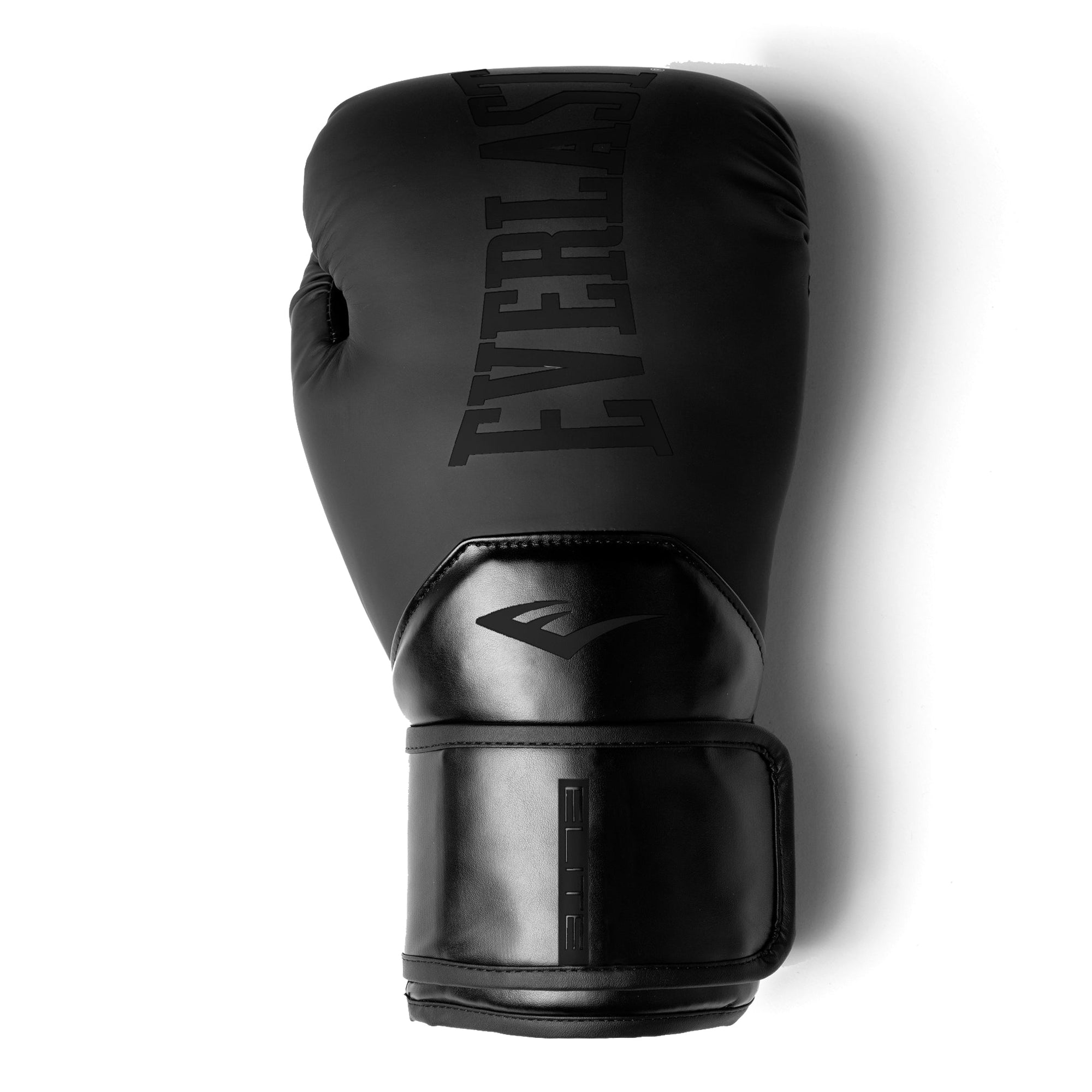 A pair of black Everlast Elite 2 boxing gloves with a hook and loop closure.
