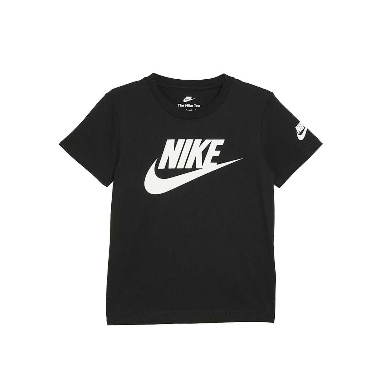 Black Nike NKB Futura t-shirt with white logo and ribbed crew neck for kids