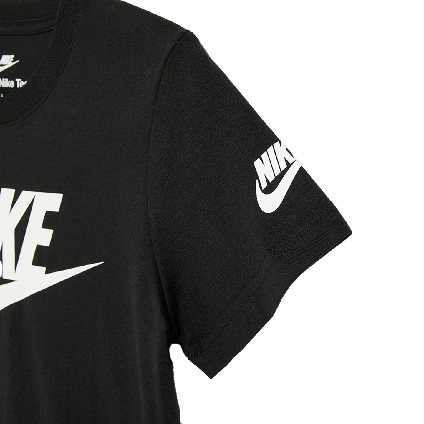 Black Nike NKB Futura t-shirt with white logo and ribbed crew neck for kids