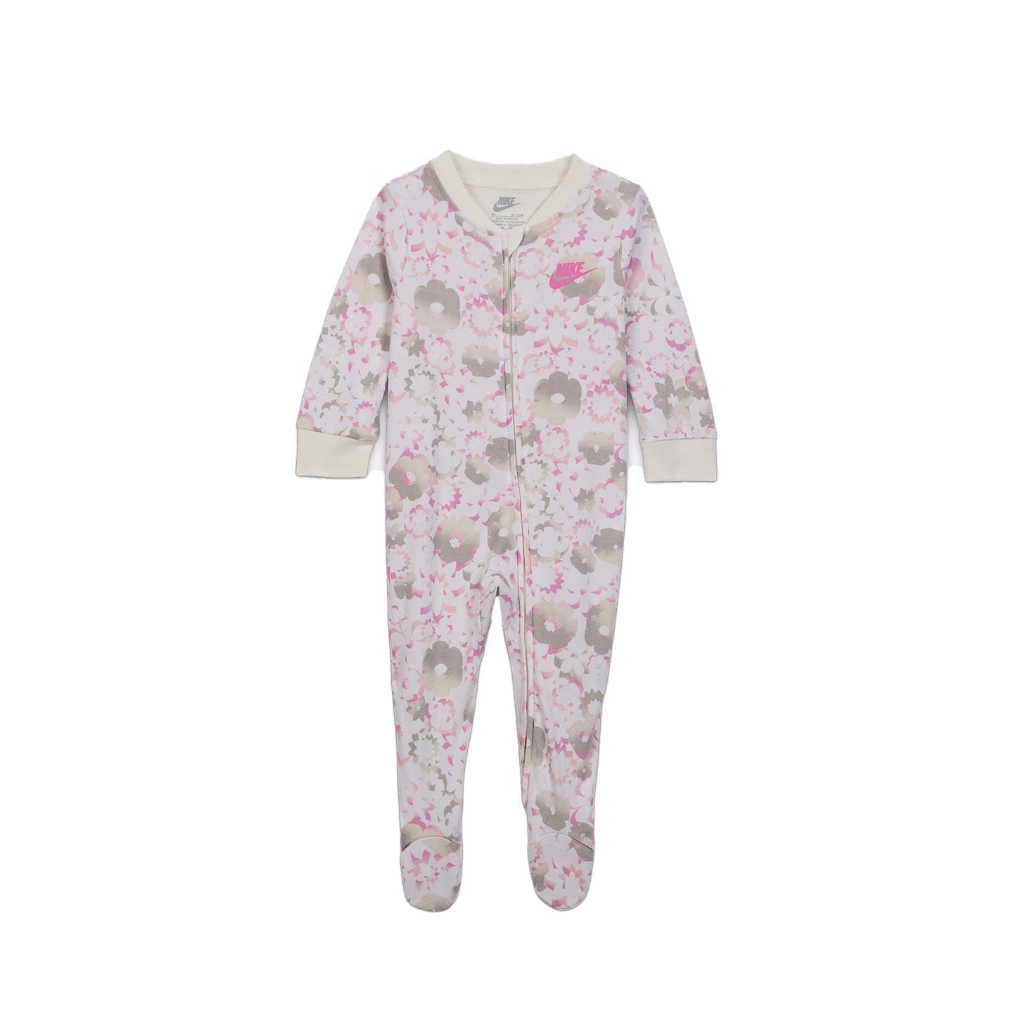 Nike Baby Flowral AOP Footed Coverall in Sail with floral pattern and full-zip design for infants.