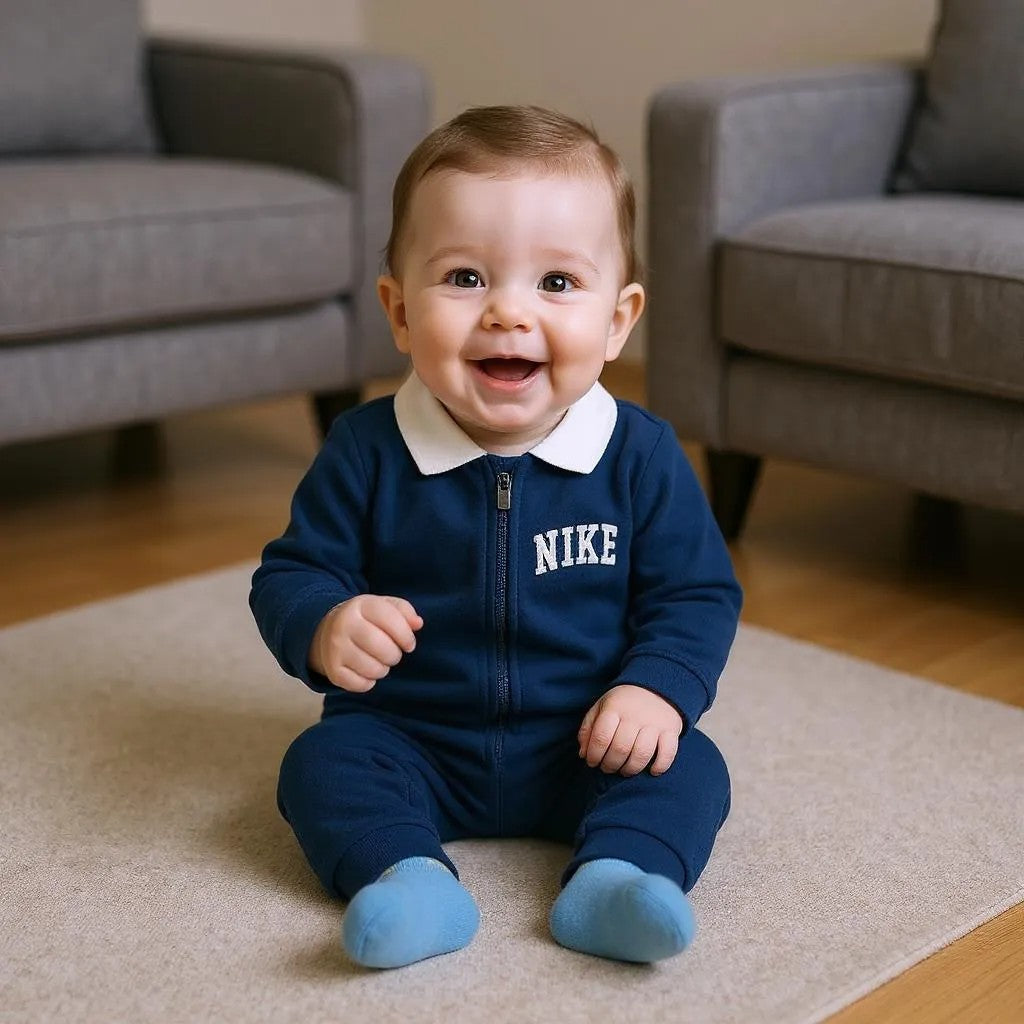 Nike Polo Coverall in Midnight Navy with polo neck and Nike logo, featuring long sleeves and full-length zipper for easy dressing.