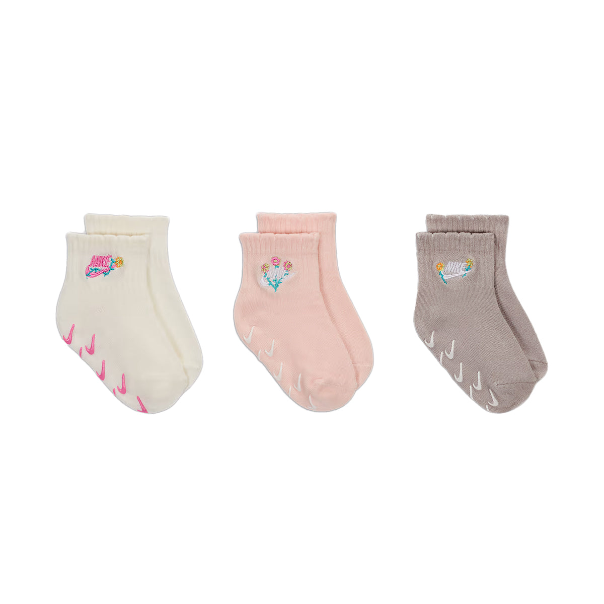 Nike Girls 3 Pack Flowral Socks - Sail with embroidered designs and non-slip grips, perfect for toddlers.