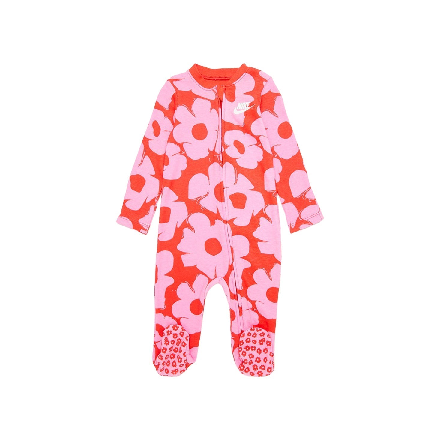 Baby Nike NKG Floral Coverall in Picante Red with bold pink floral print, full-length zipper, long sleeves, and footed design made of 100% soft cotton.