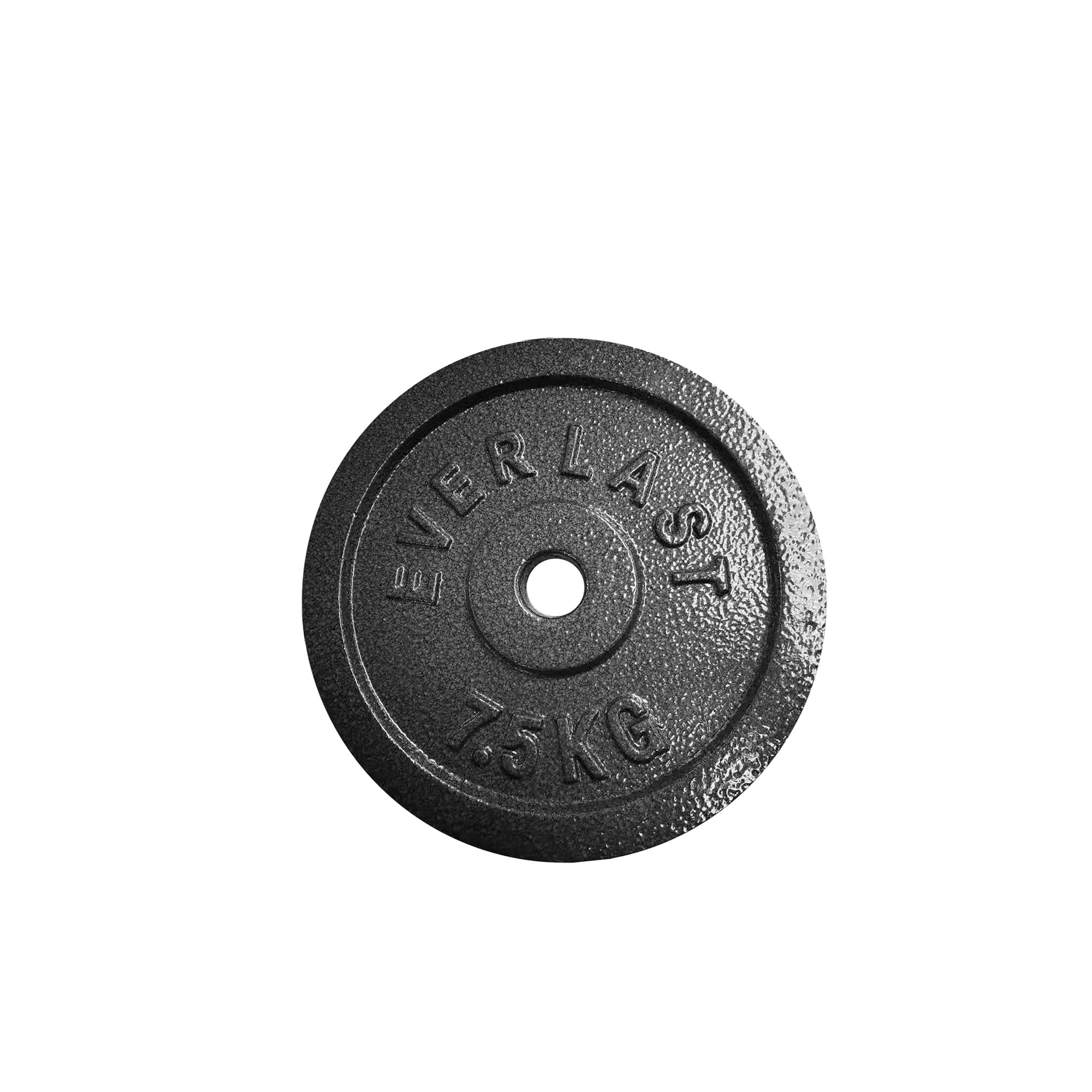 Two black cast iron weight plates with 'Everlast' branding and a weight indication of 7.5KG on them.