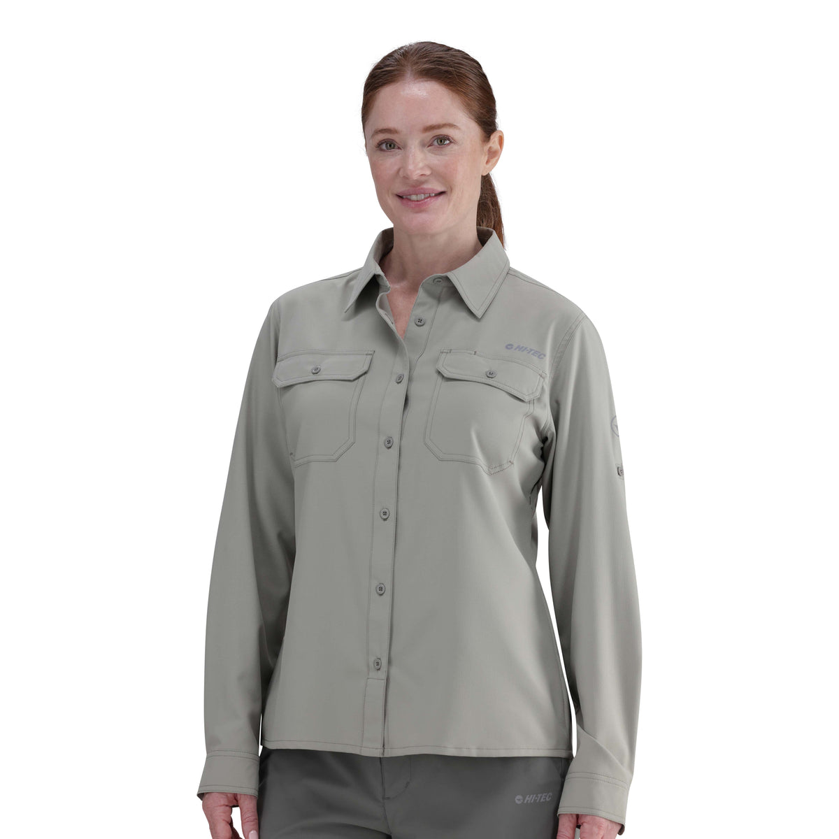 Durable Hi-Tec Ladies Long Sleeve Bush Shirt: UV50, Quick-Dry, Vented for Outdoor Adventures